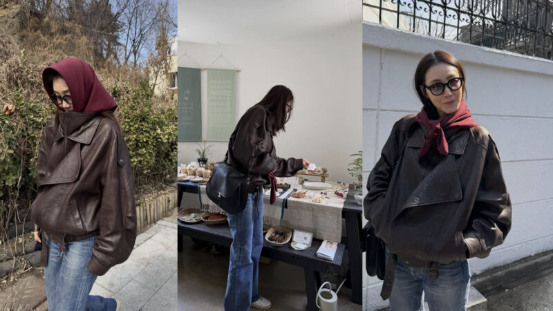 チェ・ジウ（50歳）、スカーフとレザージャケットで仕上げたセンスあるコーディネート…「この雰囲気、何？」