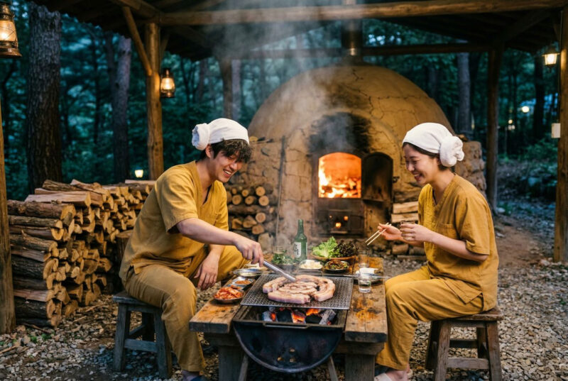 「ソウルのど真ん中で、薪火でサムギョプサル？」ガソリン代を節約するソウルでの田舎風休暇！森の中の癒し、究極のチムジルバン