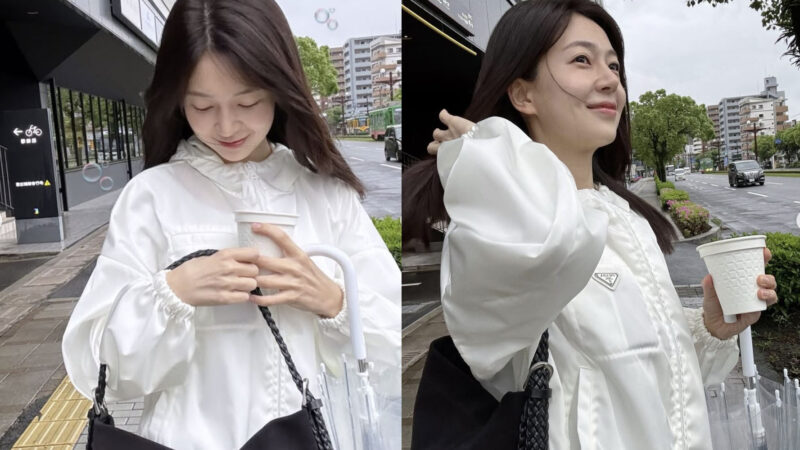 백진희、春の雨に濡れる透明感…ホワイトジャケットで「頑張りすぎない」デイリールック完成