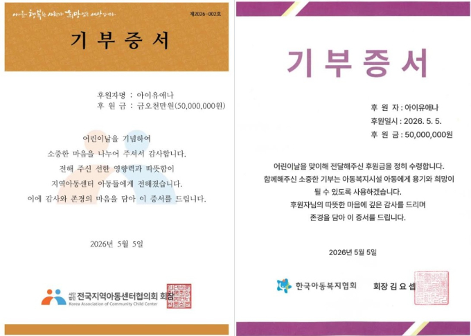 IU、こどもの日に1億ウォンを寄付　心温まる善行が話題に